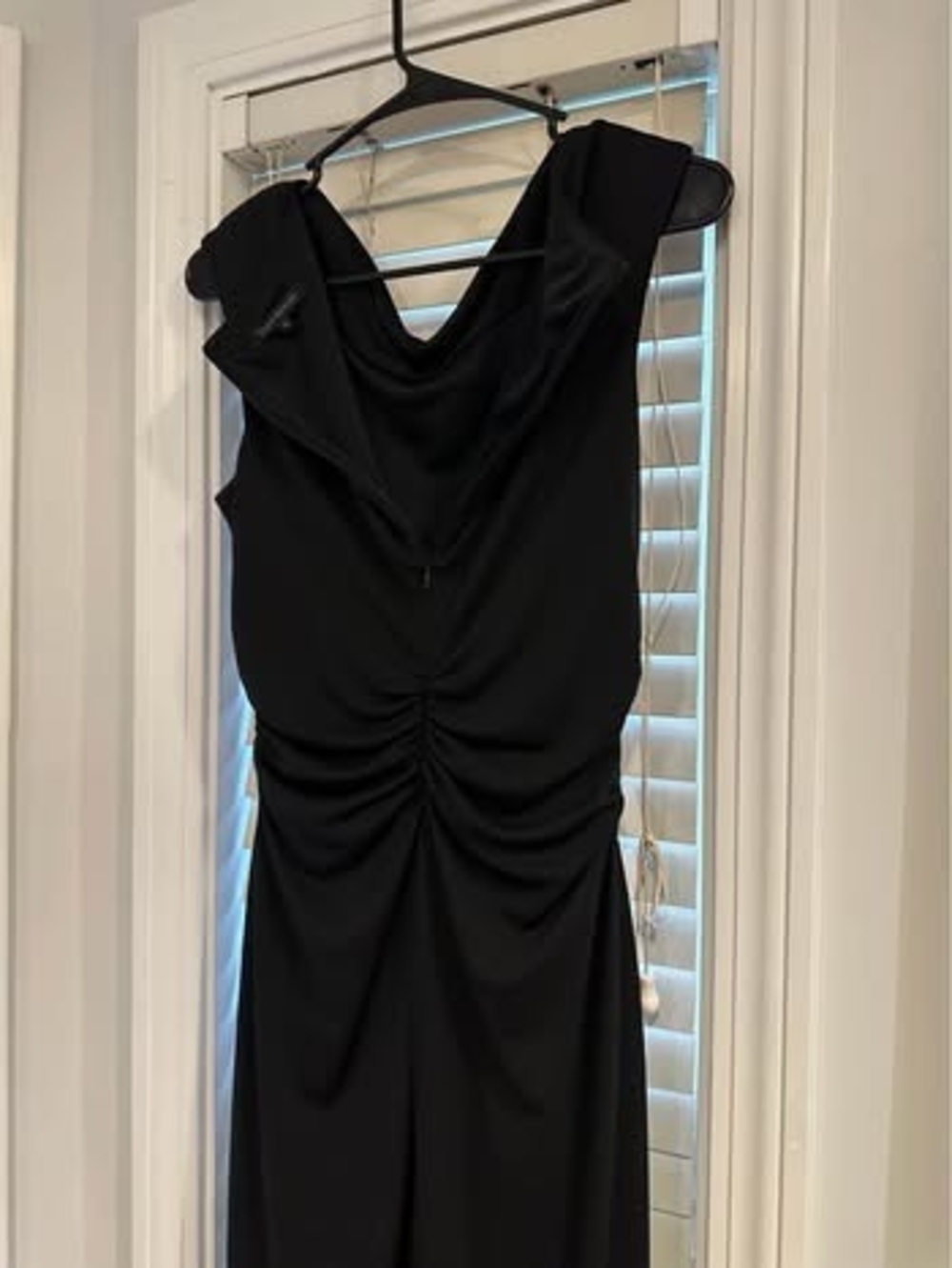 David Meister Black Cowl Neck Ruched Midi Dress